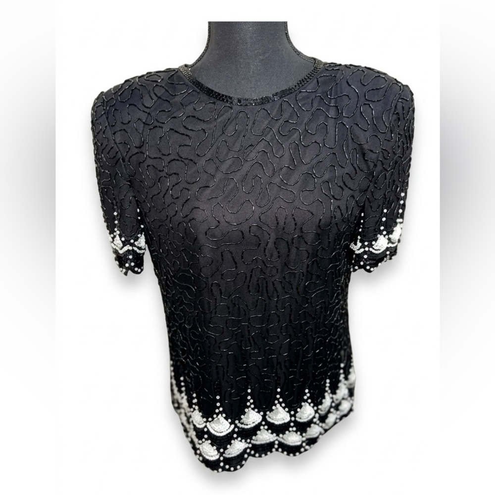 Vintage Laurence Kazar Beaded Silk Top 80s 90s Glam Goth Party Whimsigoth-Med